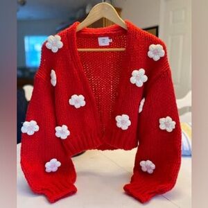 Luna Ivy Bow Sweater Chunky Red Cardigan crochet Flower Slightly Cropped Size S
